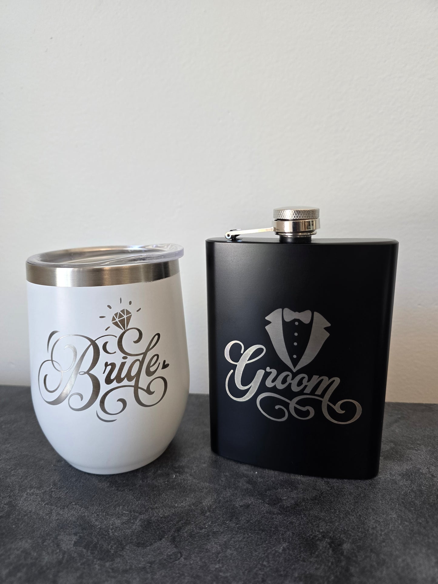 Bride and Groom engraved wine tumbler and flask